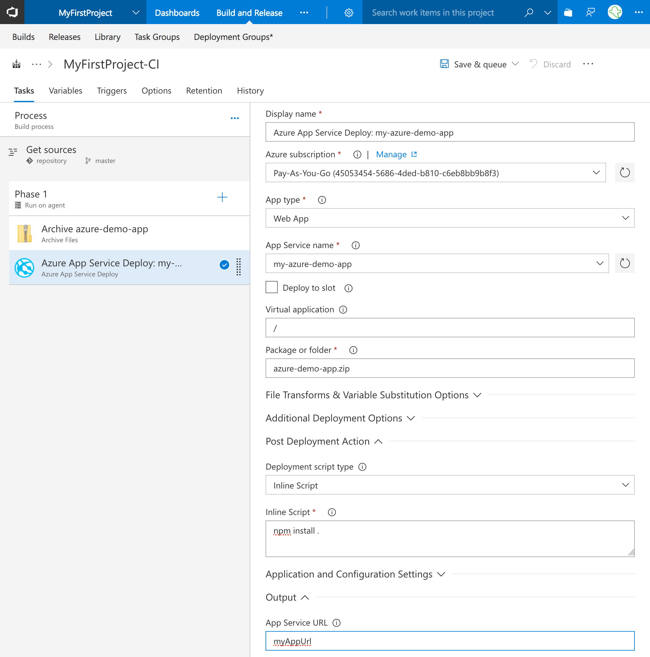 Add the Azure App Service Deploy task