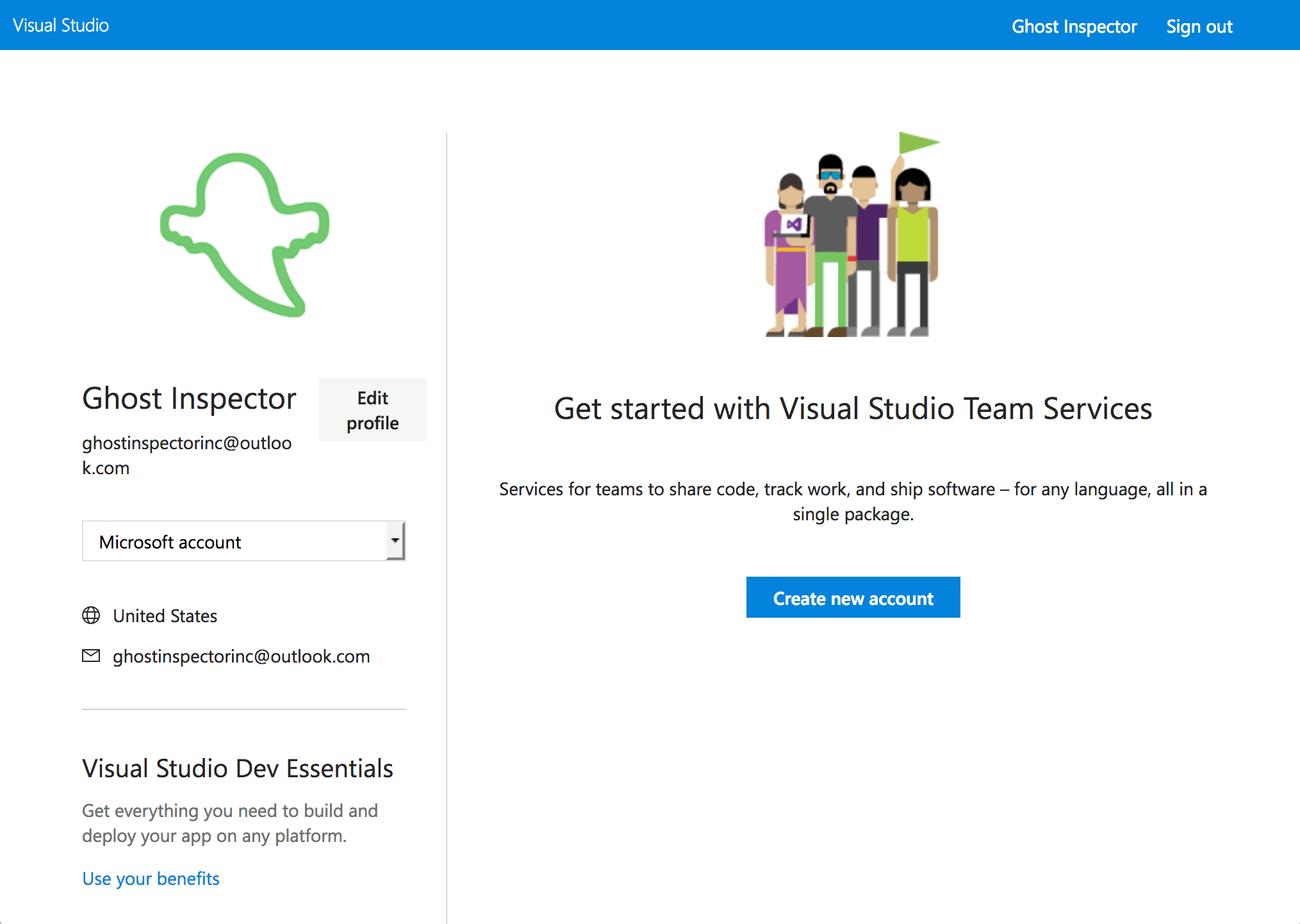 Create a new account in Visual Studio Team Services