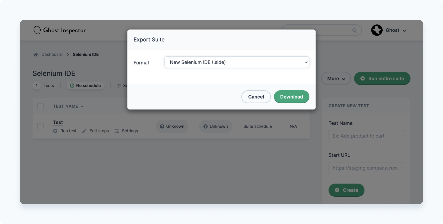 Exporting Ghost Inspector tests to Selenium IDE