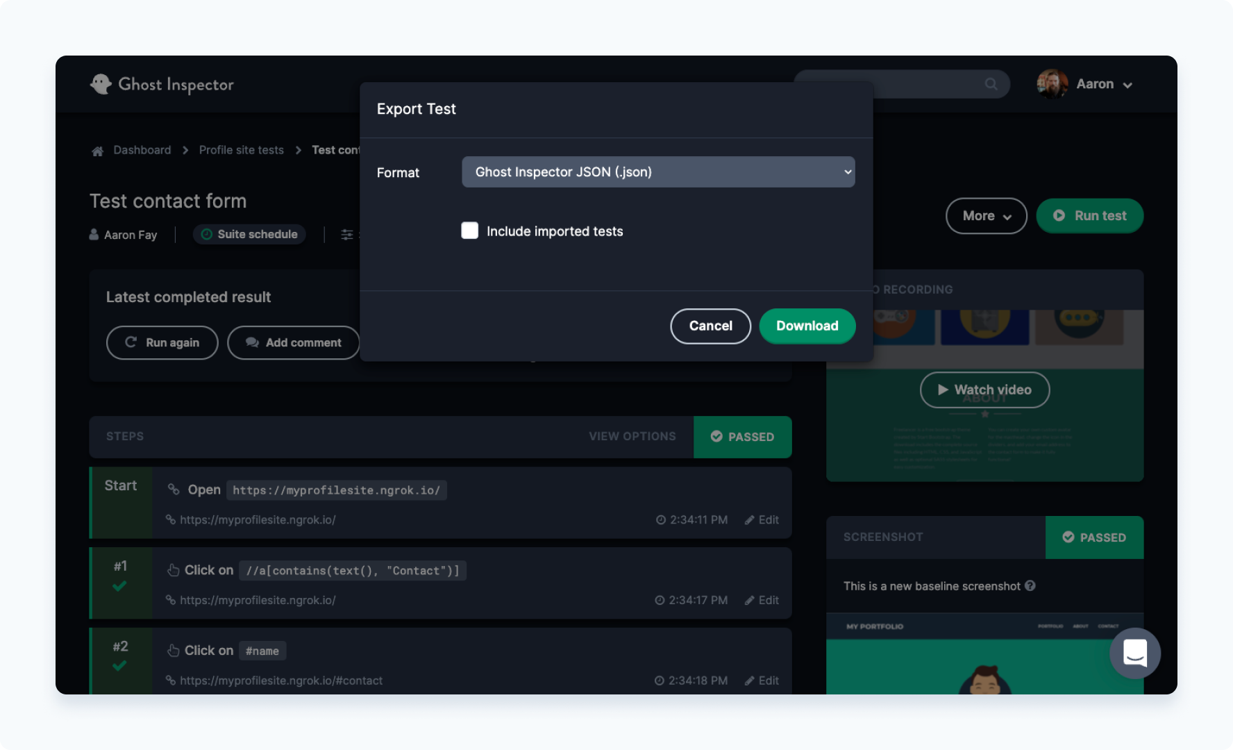 Export the test as JSON