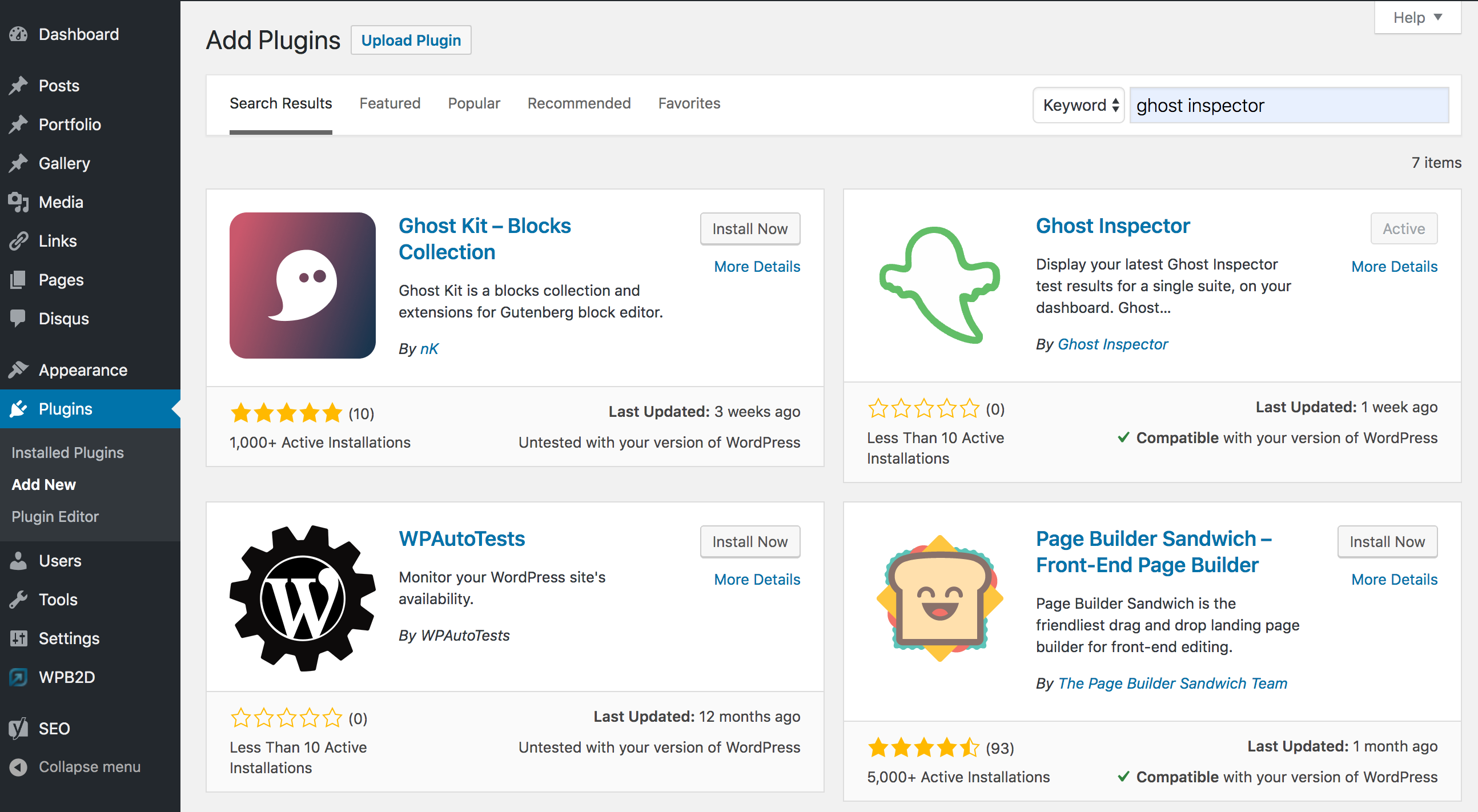 Search WordPress plugins for Ghost Inspector