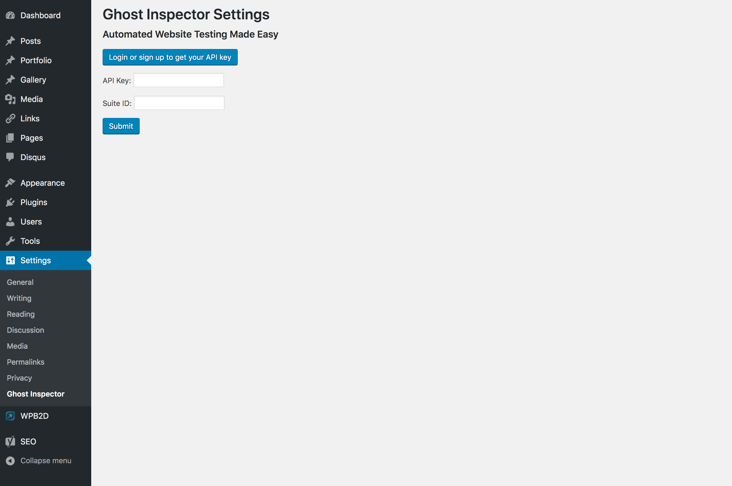 Ghost Inspector Settings for WordPress plugin