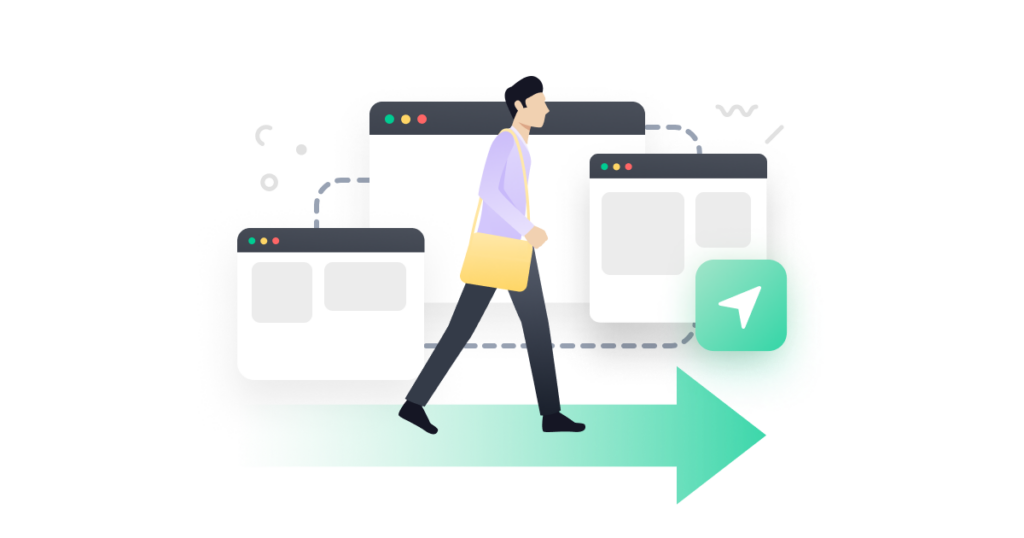 man walking with different sizes of computer tabs behind him