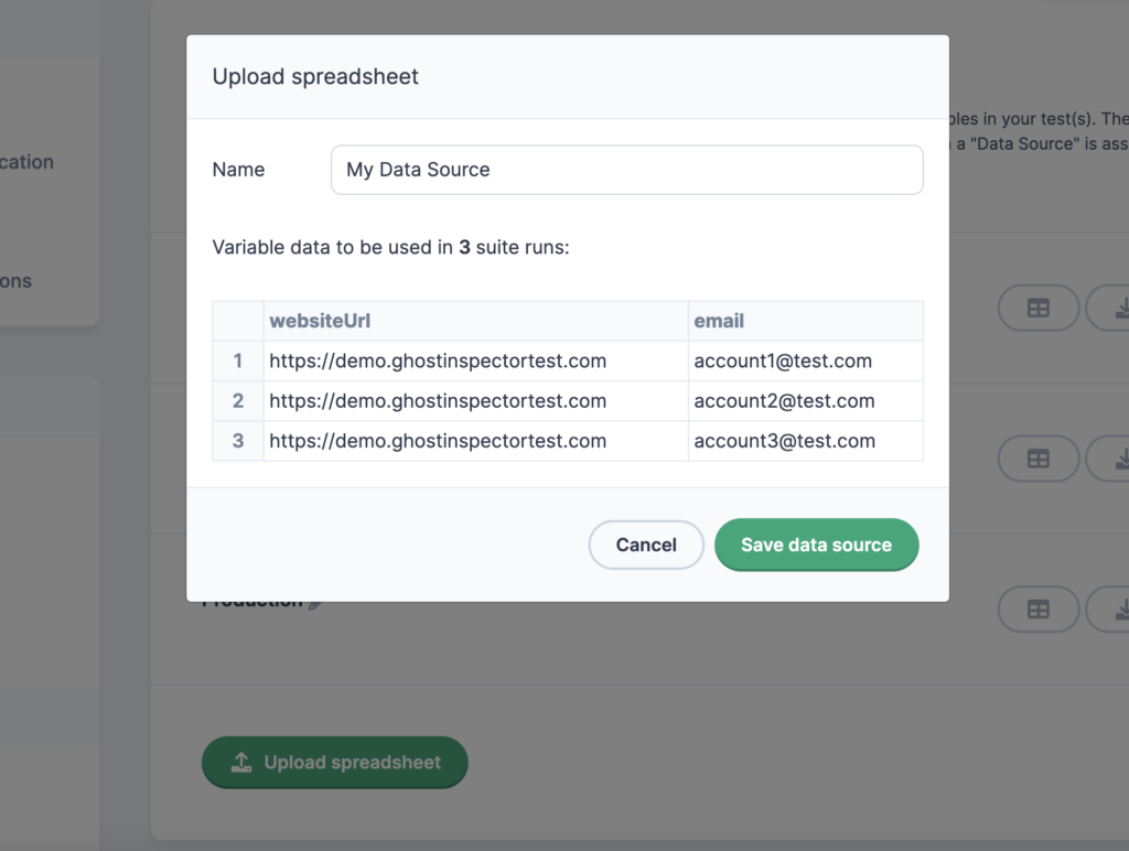 Pop-up for uploading spreadsheet and saving to data source