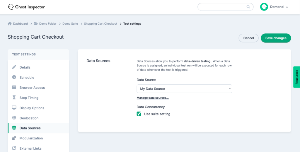 Ghost Inspector test settings data source page