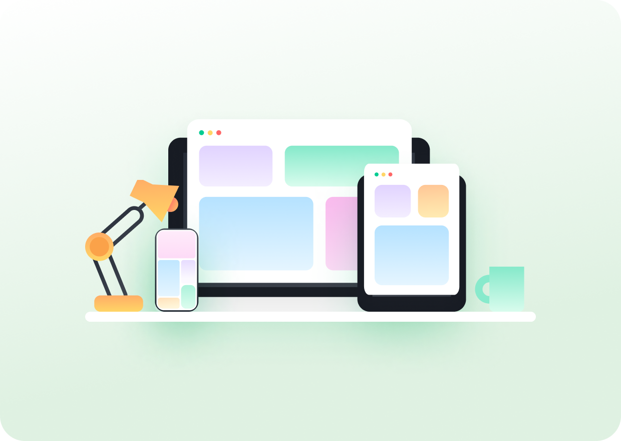 different screen sizes next to a desk lamp