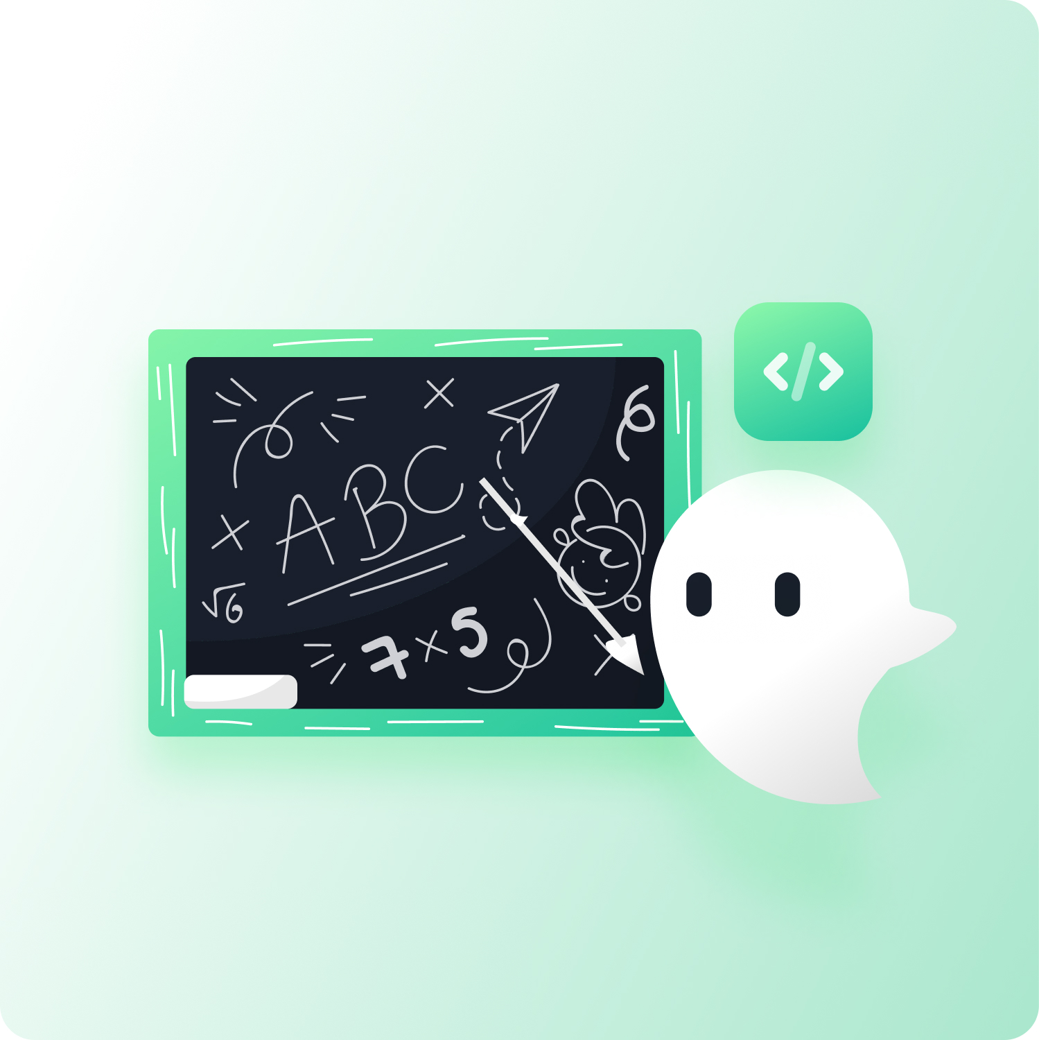 Ghost Inspector mascot Ghostie pointing to a chalkboard